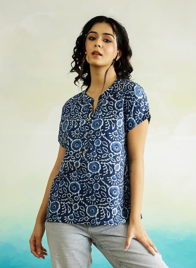 sanskrutihomes sanskrutihomes All-Over Floral Print Notch Neck Cotton  Top  - Image 1