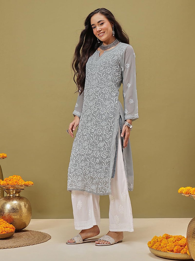 Ada Lucknowi Handcrafted Chikankari Grey Georgette Regular Fit Kurta Kurti with Slip for Women A411132 (XS) - Image 4