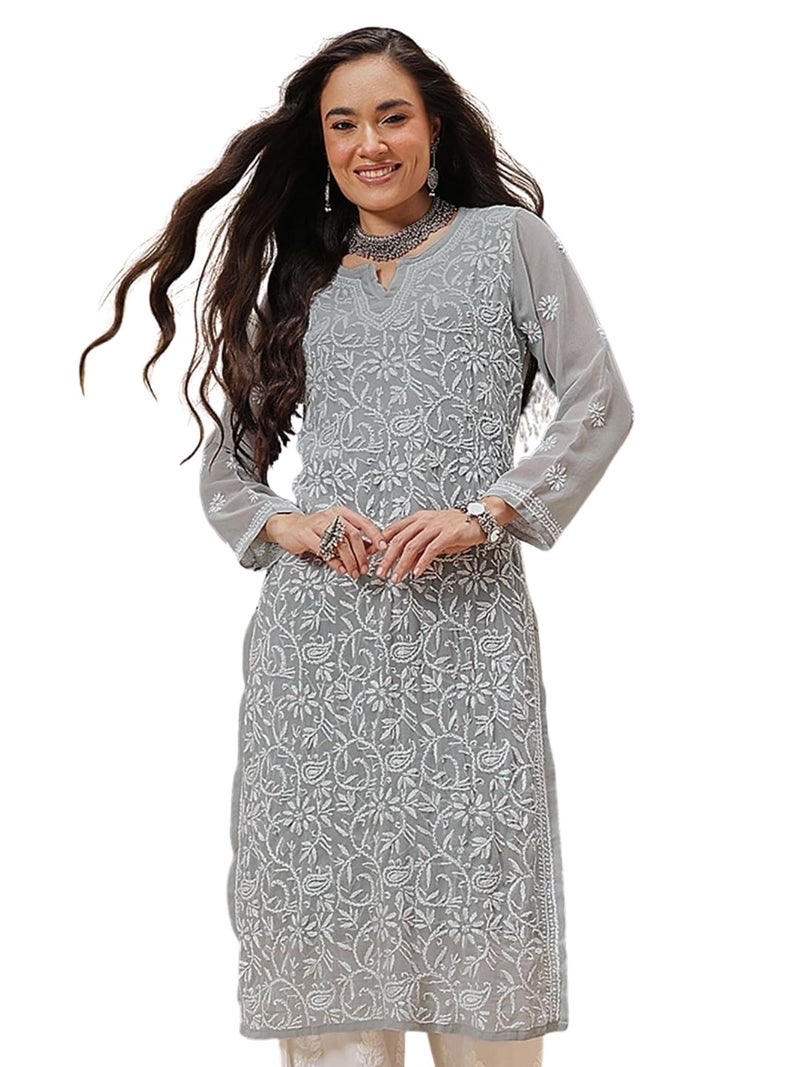 Ada Lucknowi Handcrafted Chikankari Grey Georgette Regular Fit Kurta Kurti with Slip for Women A411132 (XS) - Image 1