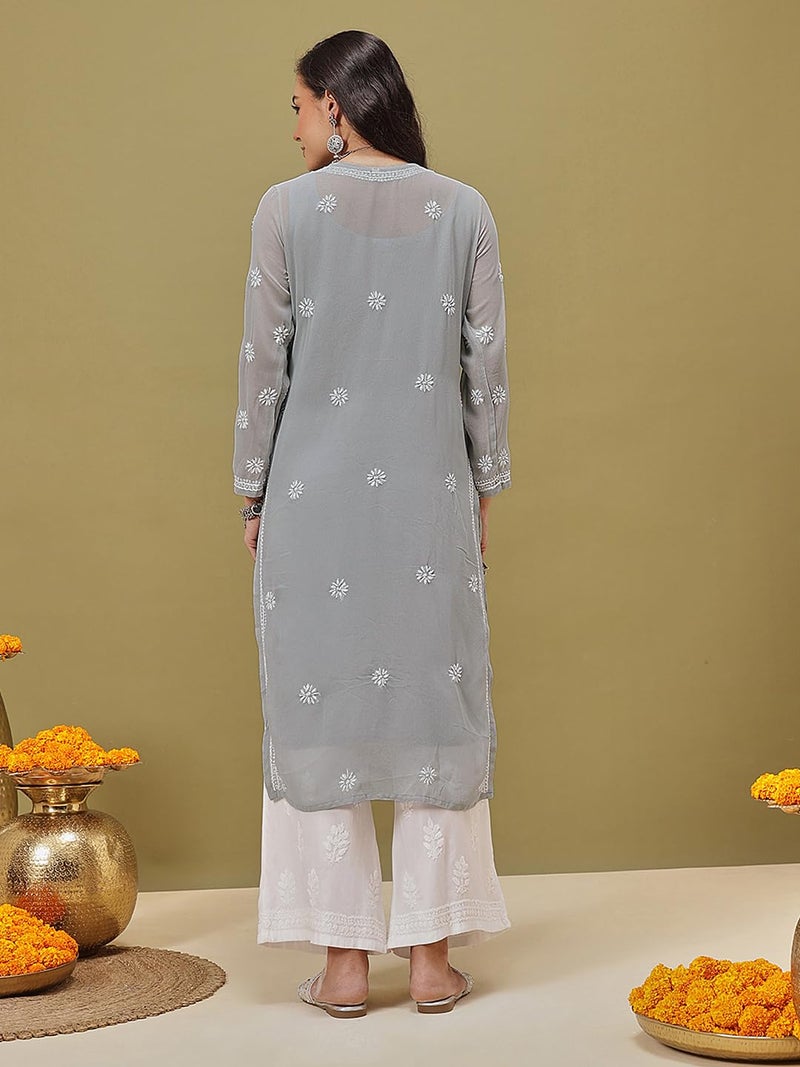 Ada Lucknowi Handcrafted Chikankari Grey Georgette Regular Fit Kurta Kurti with Slip for Women A411132 (XS) - Image 2