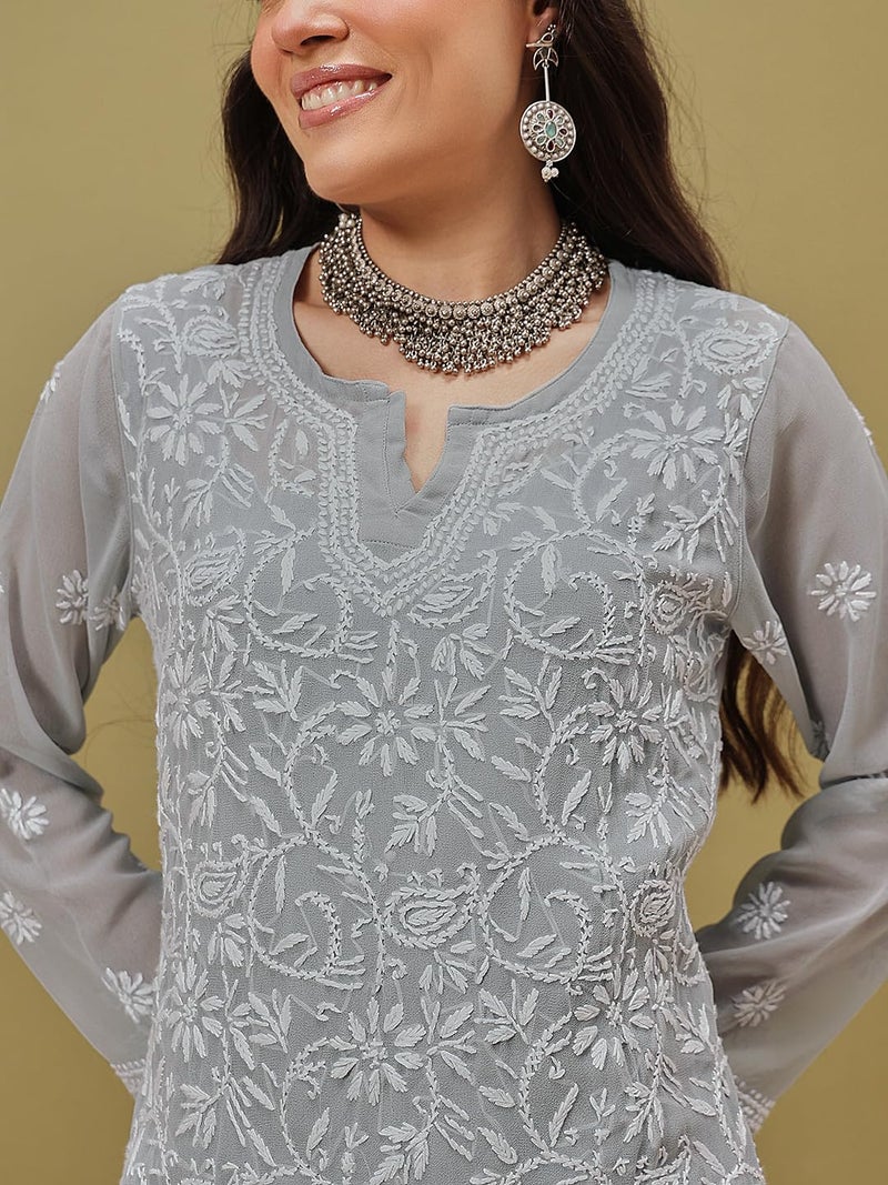 Ada Lucknowi Handcrafted Chikankari Grey Georgette Regular Fit Kurta Kurti with Slip for Women A411132 (XS) - Image 5