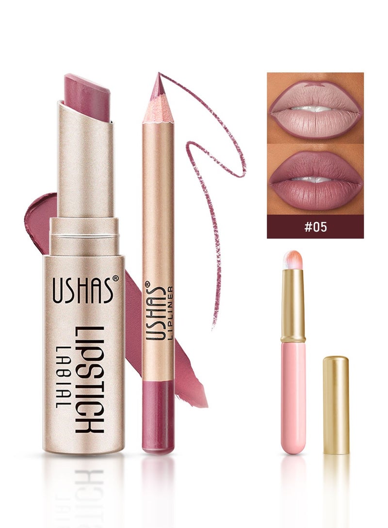 Ushas 3 Pcs Lip Liner & Lipstick Set, Long-Lasting Matte Waterproof Lip Liner and Lipstick Combo With Pink Lip Brush, Lips Makeup Gift Kit for Women#5 - Image 1