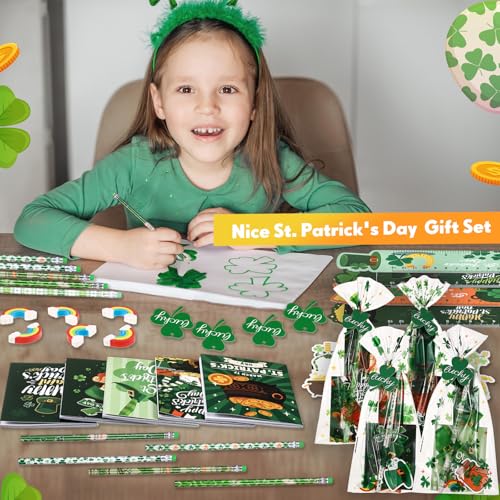 Supervitae 194 Pcs St Patricks Day Party Favors Bulk St Patricks Day Stationery Sets Green Goodie Treats Bags Fillers Notebook Pencil Ruler Eraser Sticker Gifts Bags Cards Classroom Prizes - Image 5