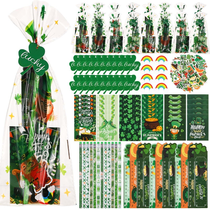 Supervitae 194 Pcs St Patricks Day Party Favors Bulk St Patricks Day Stationery Sets Green Goodie Treats Bags Fillers Notebook Pencil Ruler Eraser Sticker Gifts Bags Cards Classroom Prizes - Image 3