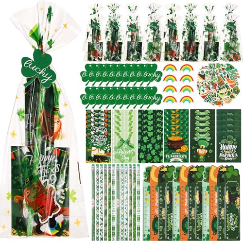 Supervitae 194 Pcs St Patricks Day Party Favors Bulk St Patricks Day Stationery Sets Green Goodie Treats Bags Fillers Notebook Pencil Ruler Eraser Sticker Gifts Bags Cards Classroom Prizes - Image 1