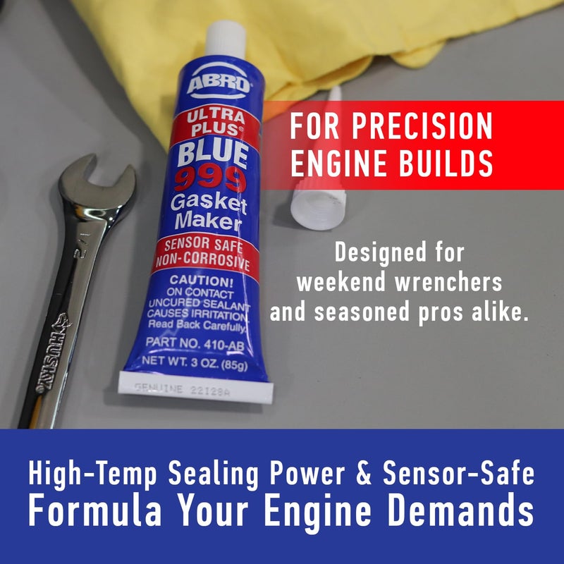 ABRO Ultra Plus 999 RTV Silicone Sealant and Gasket Maker, for Import Engines, Sensor Safe, Non-Corrosive, High Temp Head Gasket Sealer, 650 Degrees F, 3 oz. Tube - Blue - Image 4