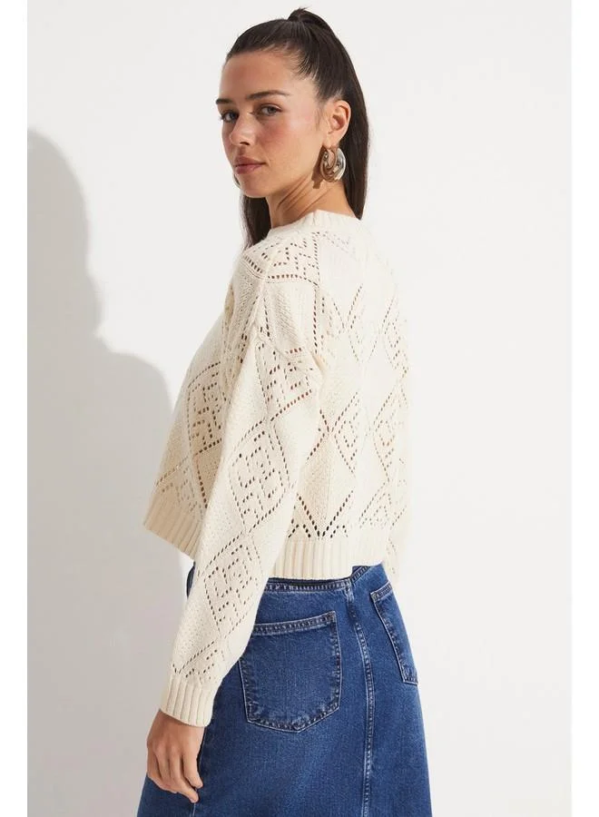 JUNE June Women Crew Neck Openwork Knitwear Sweater Beige