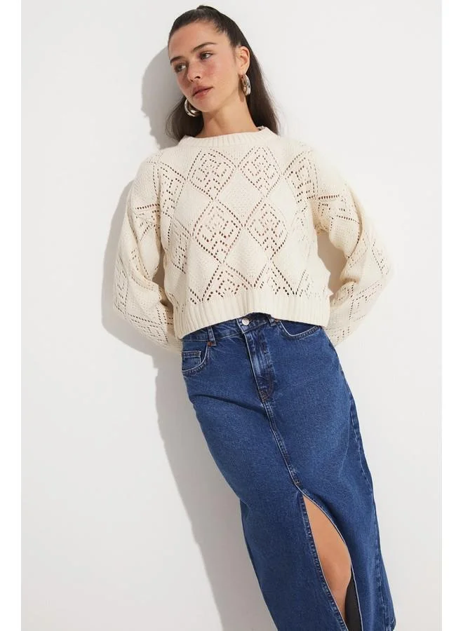 JUNE June Women Crew Neck Openwork Knitwear Sweater Beige