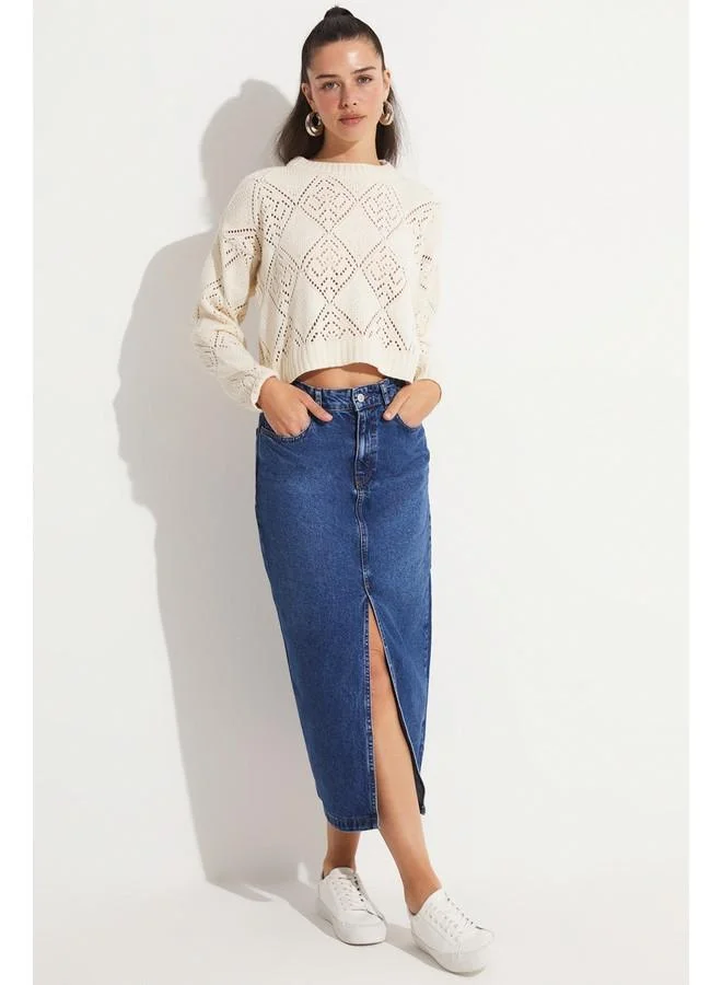 JUNE June Women Crew Neck Openwork Knitwear Sweater Beige