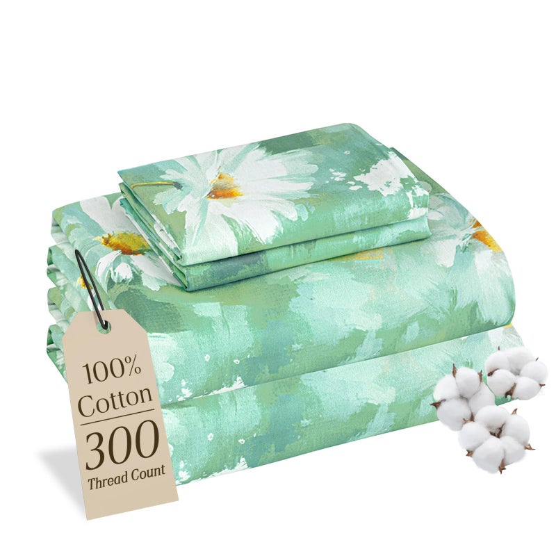 M&Co MCO 100% Cotton Sheet Set Floral Printed, 300 Thread Count Cotton Queen Sheet Set, 16" Deep Pocket, Breathable Cooling Sheets 4 Pieces (Queen, Daisy Dark Green) - Image 1