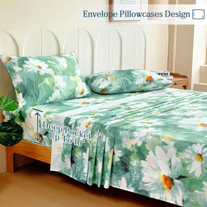 M&Co MCO 100% Cotton Sheet Set Floral Printed, 300 Thread Count Cotton Queen Sheet Set, 16" Deep Pocket, Breathable Cooling Sheets 4 Pieces (Queen, Daisy Dark Green) - Image 4
