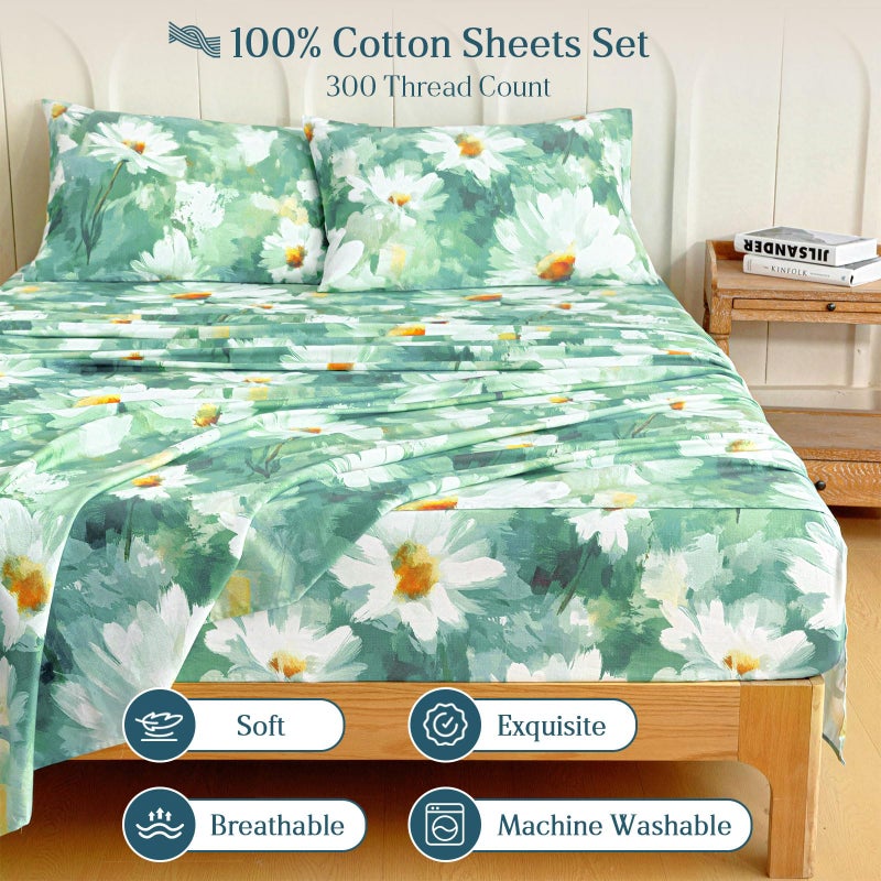 M&Co MCO 100% Cotton Sheet Set Floral Printed, 300 Thread Count Cotton Queen Sheet Set, 16" Deep Pocket, Breathable Cooling Sheets 4 Pieces (Queen, Daisy Dark Green) - Image 3