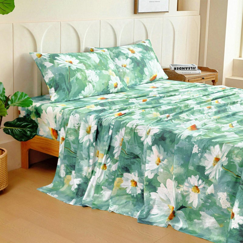 M&Co MCO 100% Cotton Sheet Set Floral Printed, 300 Thread Count Cotton Queen Sheet Set, 16" Deep Pocket, Breathable Cooling Sheets 4 Pieces (Queen, Daisy Dark Green) - Image 2