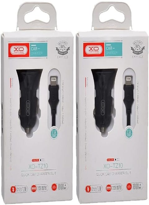 Xo tz10 car charger suit and lightning cable with 2.1a max 12w output and 2 usb output 1000mm set of 2 pieces - black