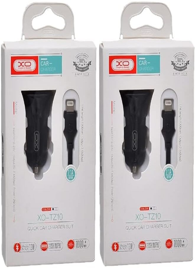 XO - Xo tz10 car charger suit and lightning cable with 2.1a max 12w output and 2 usb output 1000mm set of 2 pieces - black - Image 1