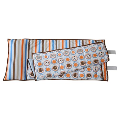 Bacati - 100% Cotton Percale Breathable Fabrics Nap Mat with Pillow for Toddler Boys, Measures 50 x 20 x 1.5 Inches, Ideal for Daycare and Preschool, Sleepovers (MOD Sports, Blue/Orange/Brown) - Image 1