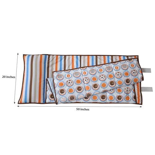Bacati - 100% Cotton Percale Breathable Fabrics Nap Mat with Pillow for Toddler Boys, Measures 50 x 20 x 1.5 Inches, Ideal for Daycare and Preschool, Sleepovers (MOD Sports, Blue/Orange/Brown) - Image 5