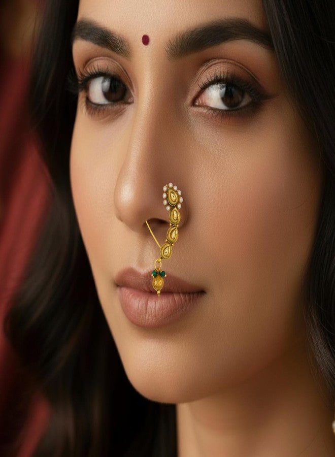 JWELLA Traditional Maharashtrian Nath for Women | Gold Plated Nose Ring with Kundan, Pearls & Green Bead Danglers | Bridal & Festive Jewelry - Image 3