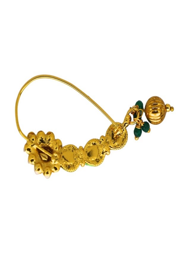 JWELLA Traditional Maharashtrian Nath for Women | Gold Plated Nose Ring with Kundan, Pearls & Green Bead Danglers | Bridal & Festive Jewelry - Image 4