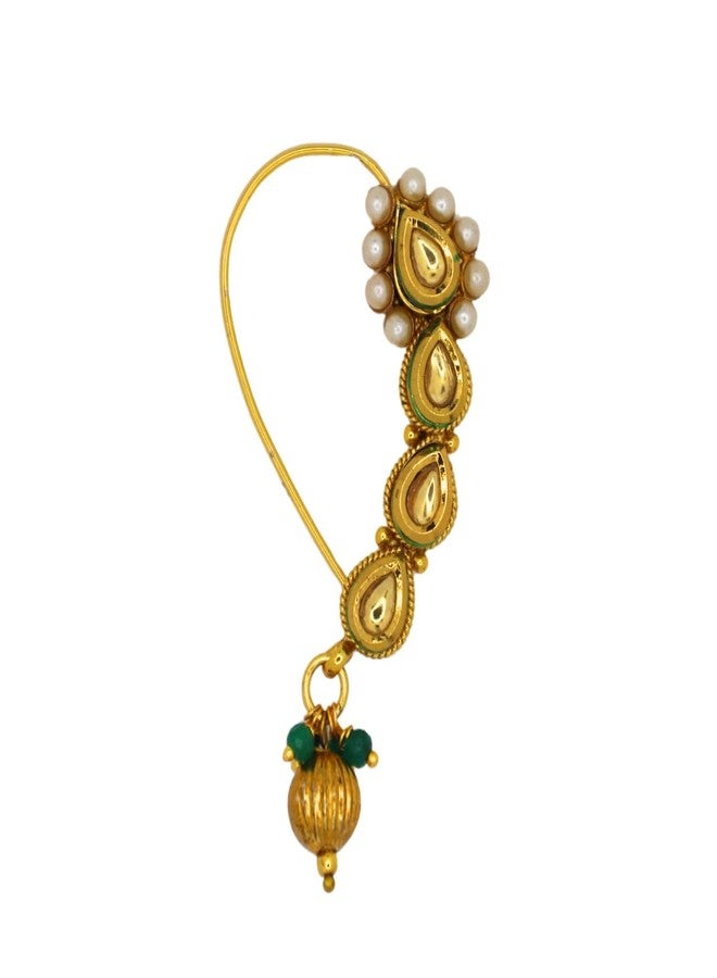 JWELLA Traditional Maharashtrian Nath for Women | Gold Plated Nose Ring with Kundan, Pearls & Green Bead Danglers | Bridal & Festive Jewelry - Image 1