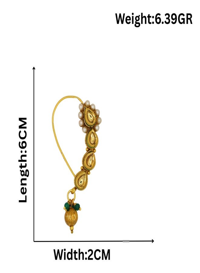 JWELLA Traditional Maharashtrian Nath for Women | Gold Plated Nose Ring with Kundan, Pearls & Green Bead Danglers | Bridal & Festive Jewelry - Image 5