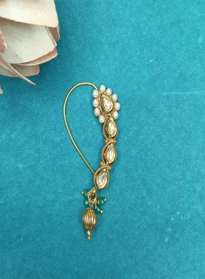 JWELLA Traditional Maharashtrian Nath for Women | Gold Plated Nose Ring with Kundan, Pearls & Green Bead Danglers | Bridal & Festive Jewelry - Image 2
