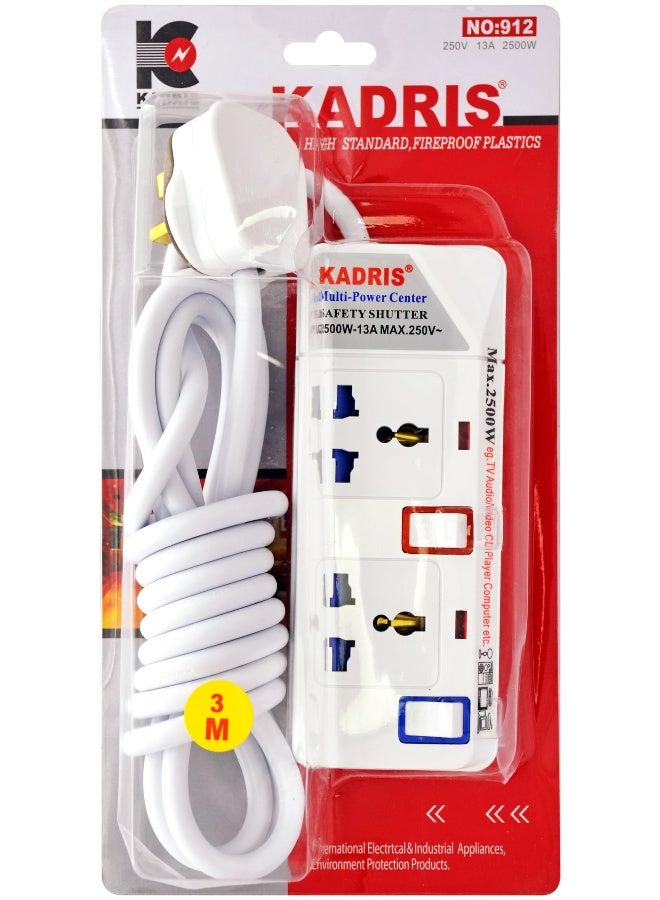 KADRIS Power Strips 912 Heavy Duty Extension Cord with 2 way Outlets with individual switch, Charging Socket with 3 meter Heat resistant  Extension Cord (White) - Image 1