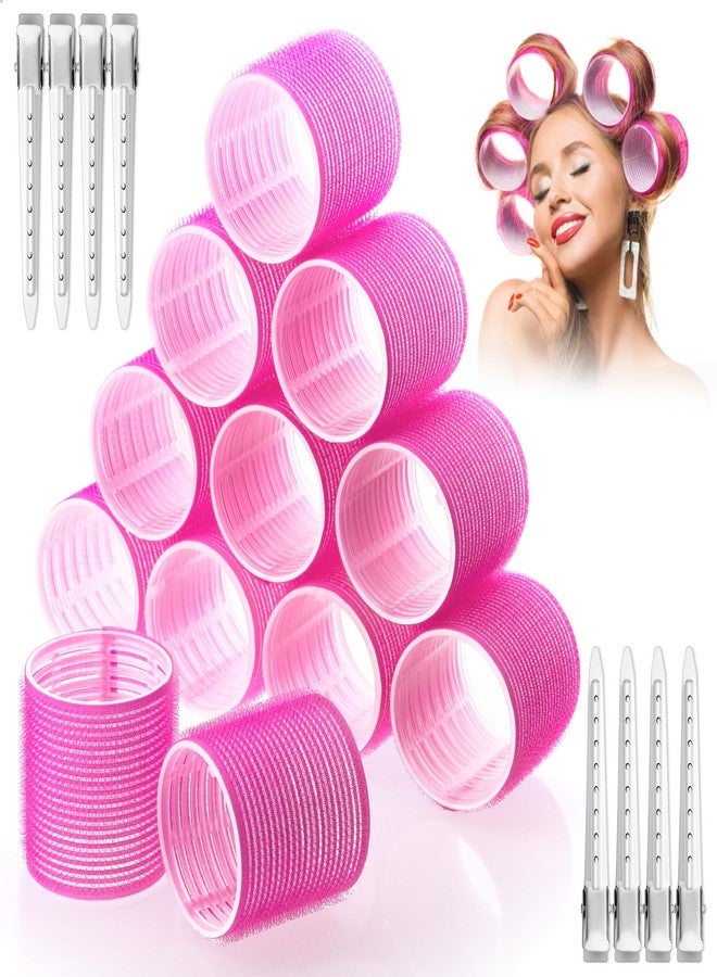 Acejoz Jumbo Hair Curlers Rollers, 12Pcs 60mm Jumbo Hair Roller Curlers Self Grip Holding Rollers with 12Pcs Hair Clips for Long Straight Thick Hair (Rose Red) - Image 1