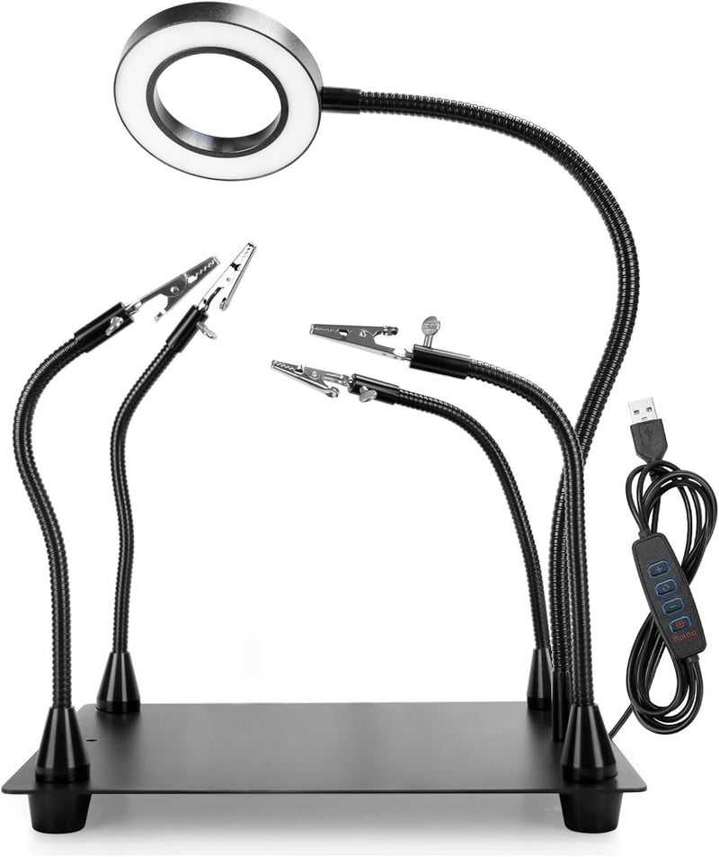 OBDMONSTER Helping Hands Soldering, PCB Holder Soldering Station Third Hand Tool with 5X Magnifying Glass with Light, 4 Arms Helping Hands Non-Slip Steel Weighted Base for Welding - Image 1