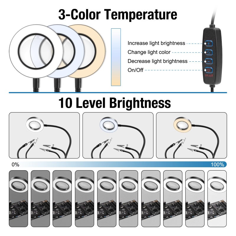 OBDMONSTER Helping Hands Soldering, PCB Holder Soldering Station Third Hand Tool with 5X Magnifying Glass with Light, 4 Arms Helping Hands Non-Slip Steel Weighted Base for Welding - Image 3