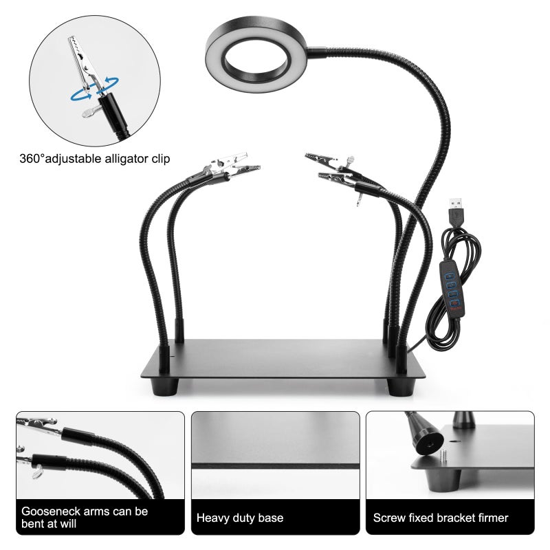OBDMONSTER Helping Hands Soldering, PCB Holder Soldering Station Third Hand Tool with 5X Magnifying Glass with Light, 4 Arms Helping Hands Non-Slip Steel Weighted Base for Welding - Image 2