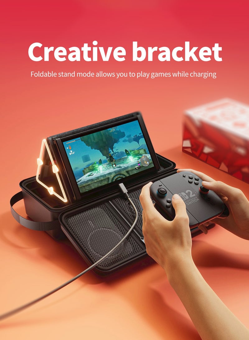 بيكسنست حقيبة حمل محمولة لجهاز Switch 2، سعة كبيرة، يمكن استخدامها كبنك طاقة، تصميم مقعد من قطعة واحدة، مصنوعة من مادة EVA عالية الصلابة، معززة ومتينة، مع 10 فتحات لبطاقات الألعاب، لون أسود. - Image 3