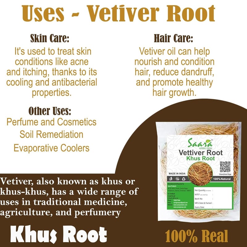 Saara HERBAL FRESH Vetiver Root 100g Khus Root Vetiveria Zizanioides Vala Kas Ramacham Vetiver for Hair Growth Healthy Skin Pack of 1 X 100g - Image 2