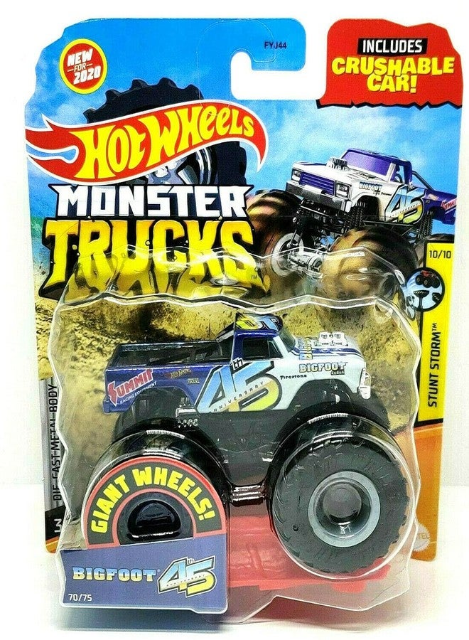 DieCast Hotwheels Monster Trucks Bigfoot- 45th Anniversary 70/75 [Blue/White] Crushable 1:64 Scale - Image 1
