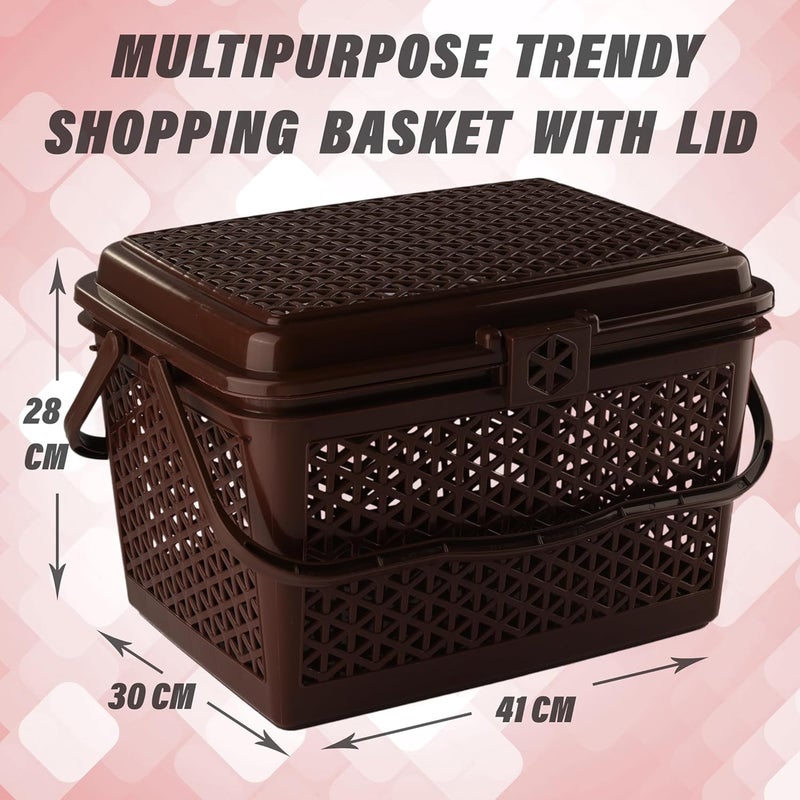 Kuber Industries Trendy Shopping/Storage Basket with Handles|Solid Plastic Big Bin|Handles Plus Lid|Size 30 x 41 x 28 (Brown)-KUBMART11096,Rectangular - Image 3
