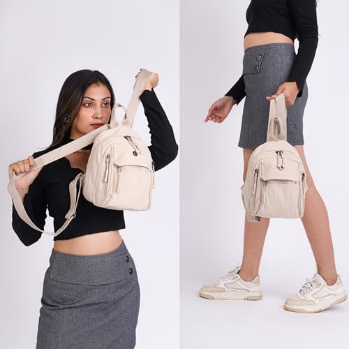 TS WITH TECHSUN Women’s Small Mini Backpack Purse |Lightweight Water-Resistant Compact Sling Bag for Travel, Daily Use & Casual Outings | Fits Only Essentials (Beige (L) 20 X (W) 14 X (H) 24 CM) - Image 5