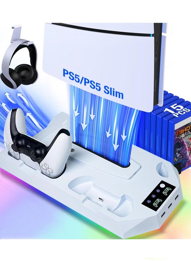 قاعدة تبريد لجهاز PS5، حامل عمودي لأجهزة PS5 مع قاعدة شحن مزدوجة لأيدي التحكم، بثلاث سرعات مروحة قابلة للتعديل، يشمل شاحن أيدي التحكم، مروحة تبريد وحامل سماعة الرأس، متوافق مع Playstation 5 / PS5 Pro / PS5 Slim. - Image 1