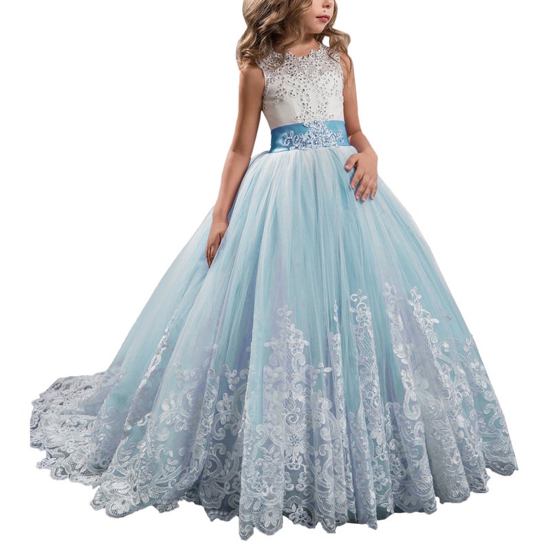 Wde Princess Blue Long Girls Pageant Dresses Kids Prom Puffy Tulle, Blue, Size 8 - Image 1