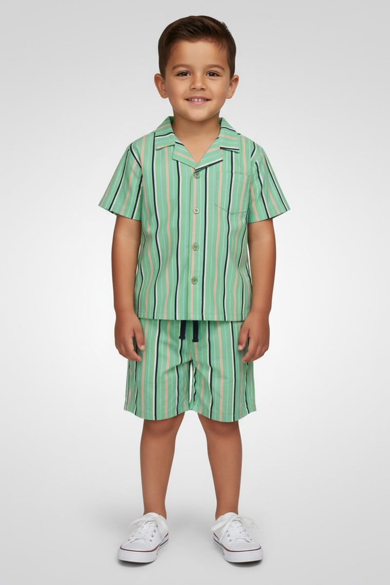 Freestyle Toddlers Boy 2 Pieces Stripe Short Sleeve Shirt And Shorts, Green - Image 1