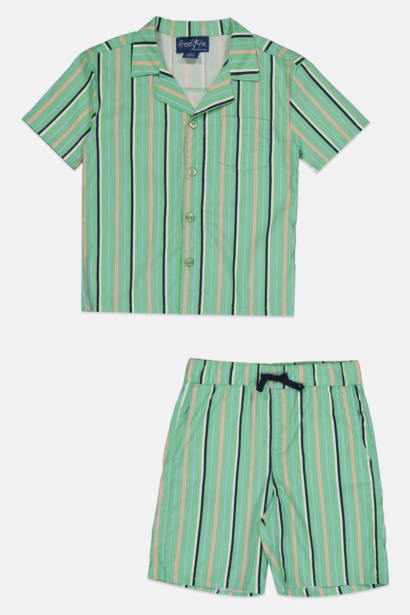 Freestyle Toddlers Boy 2 Pieces Stripe Short Sleeve Shirt And Shorts, Green - Image 2
