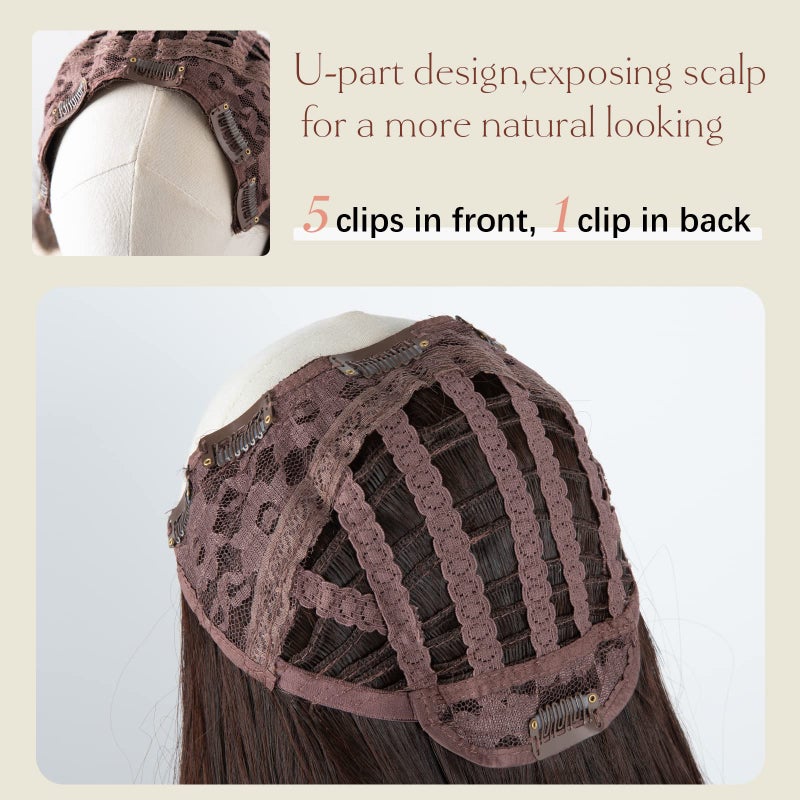 SARLA إضافات شعر SARLA القابلة للتثبيت على شكل حرف U، شعر صناعي طويل ومجعد وكثيف، قطعة شعر كاملة للنساء، بني/أشقر رمادي مع خصلات، 24 إنش - Image 3