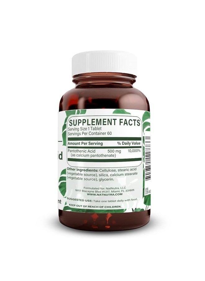 Natural Nutra Time Release Pantothenic Acid 500 mg, Vitamin B5 Supplement for Adrenal Support, Helps Break Down Fat and Carbohydrates, Metabolism and Energy, 60 Vegetarian Tablets  - Image 1