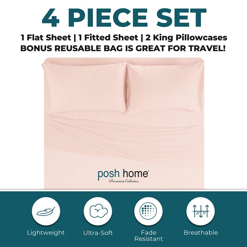 Posh Home Posh Home Jersey Knit Sheet Set - 4-Piece Jersey Bed Sheets - T-Shirt Breathable & Soft Cotton Jersey Sheets - Includes Flat Sheet  Jersey Fitted Sheet  & 2 Pillowcases - California King Sheets  Black  - Image 3