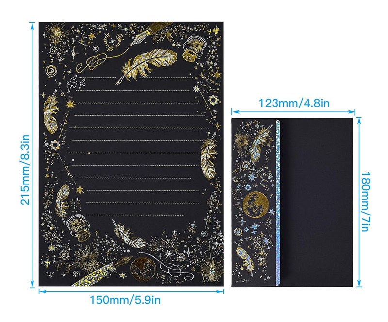 iKammo A5 Small Gold Foil Lined Stationary Paper and Envelopes Set,16 Sheets Black White Feather Lined Letter Writing Paper Cute Stationery Paper Set,Writing Printer Paper Decorative Paper - Image 3
