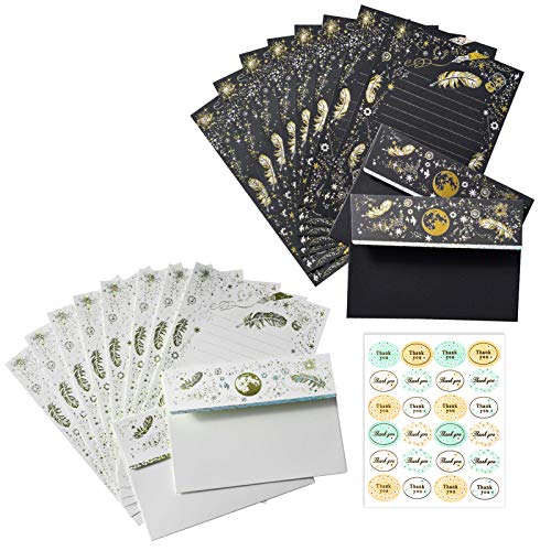 iKammo A5 Small Gold Foil Lined Stationary Paper and Envelopes Set,16 Sheets Black White Feather Lined Letter Writing Paper Cute Stationery Paper Set,Writing Printer Paper Decorative Paper - Image 2