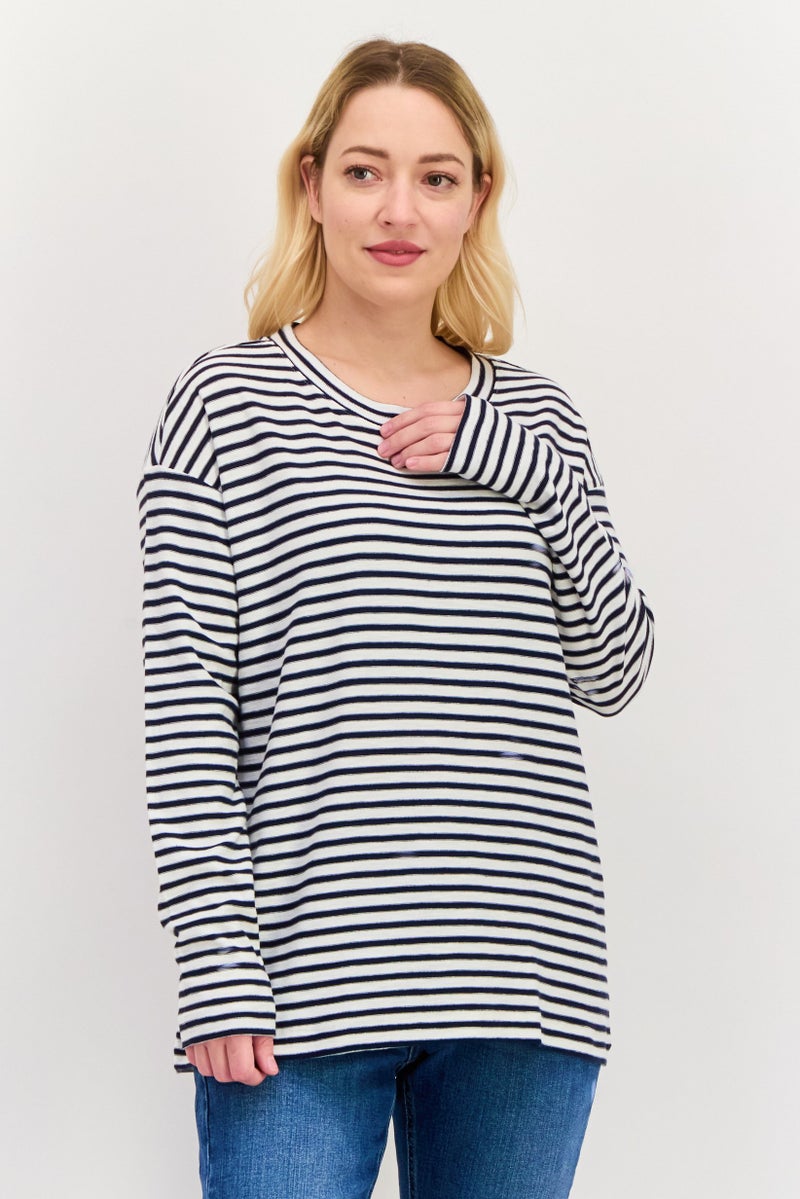 ESPRIT بلوزة نسائية بأكمام طويلة وياقة دائرية بتصميم مخطط، بيضاء - Image 1