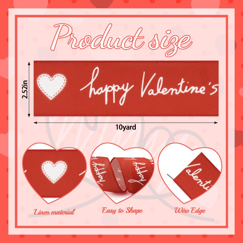 Hying Valentine's Day Craft Ribbons for Wreath Bows, 2.5"Ã—10 Yards Heart Wired Edge Ribbons White Red Burlap Ribbons for Crafting Valentines Decorations Wedding Party Supplies - Image 2