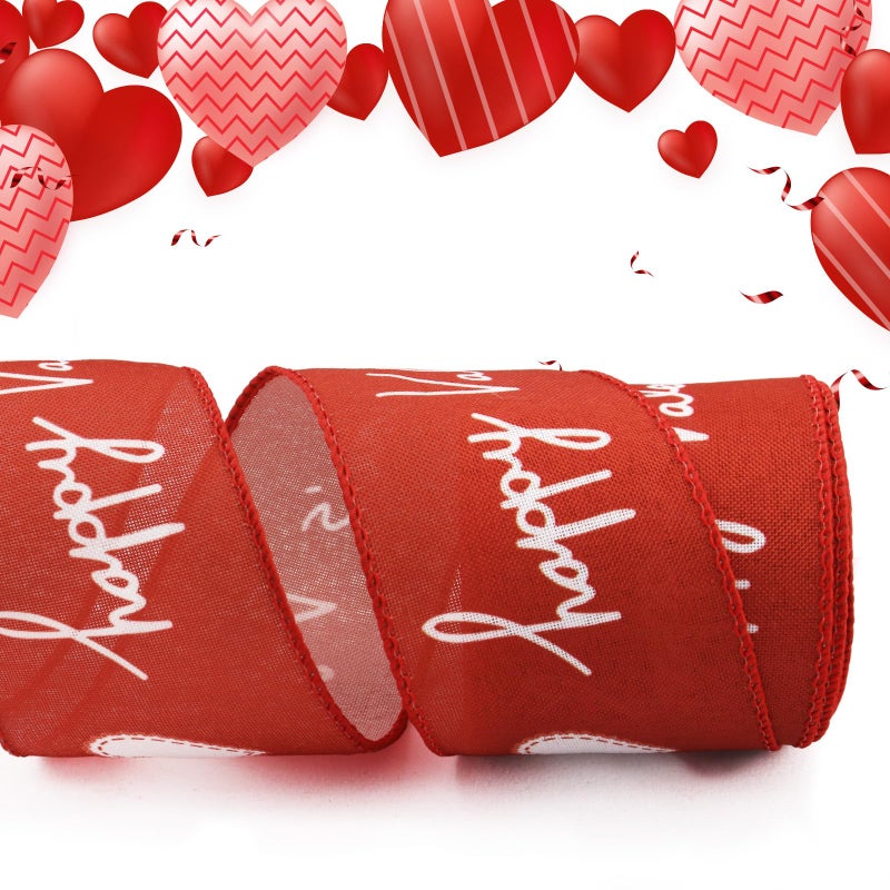 Hying Valentine's Day Craft Ribbons for Wreath Bows, 2.5"Ã—10 Yards Heart Wired Edge Ribbons White Red Burlap Ribbons for Crafting Valentines Decorations Wedding Party Supplies - Image 1
