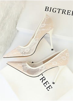BIGTREE 9cm Slimming High-Heeled Pumps With Slim Heels And Shallow Cuts With Pointed Mesh Openwork Lace Pumps White  - Image 2
