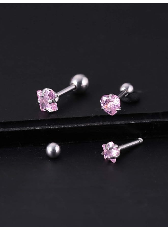 YELLOW CHIMES - Stylish Pink Silver Cubic Zirconia Stainless Steel Crystal Helix Cartilage Single Stud Earrings For Women And Girls Combo Of 3 Pieces - Image 1